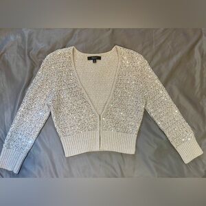 Express Sequin V-Neck Sweater with Cropped Open-Knit Design
